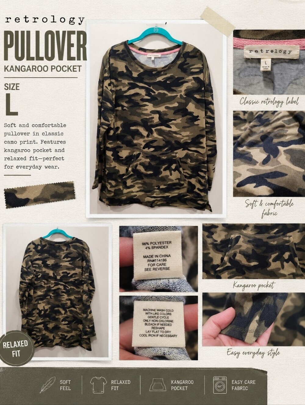 Retrology Camo Pullover Kangaroo Pocket Top Relaxed Soft Cozy Long Sleeve - L